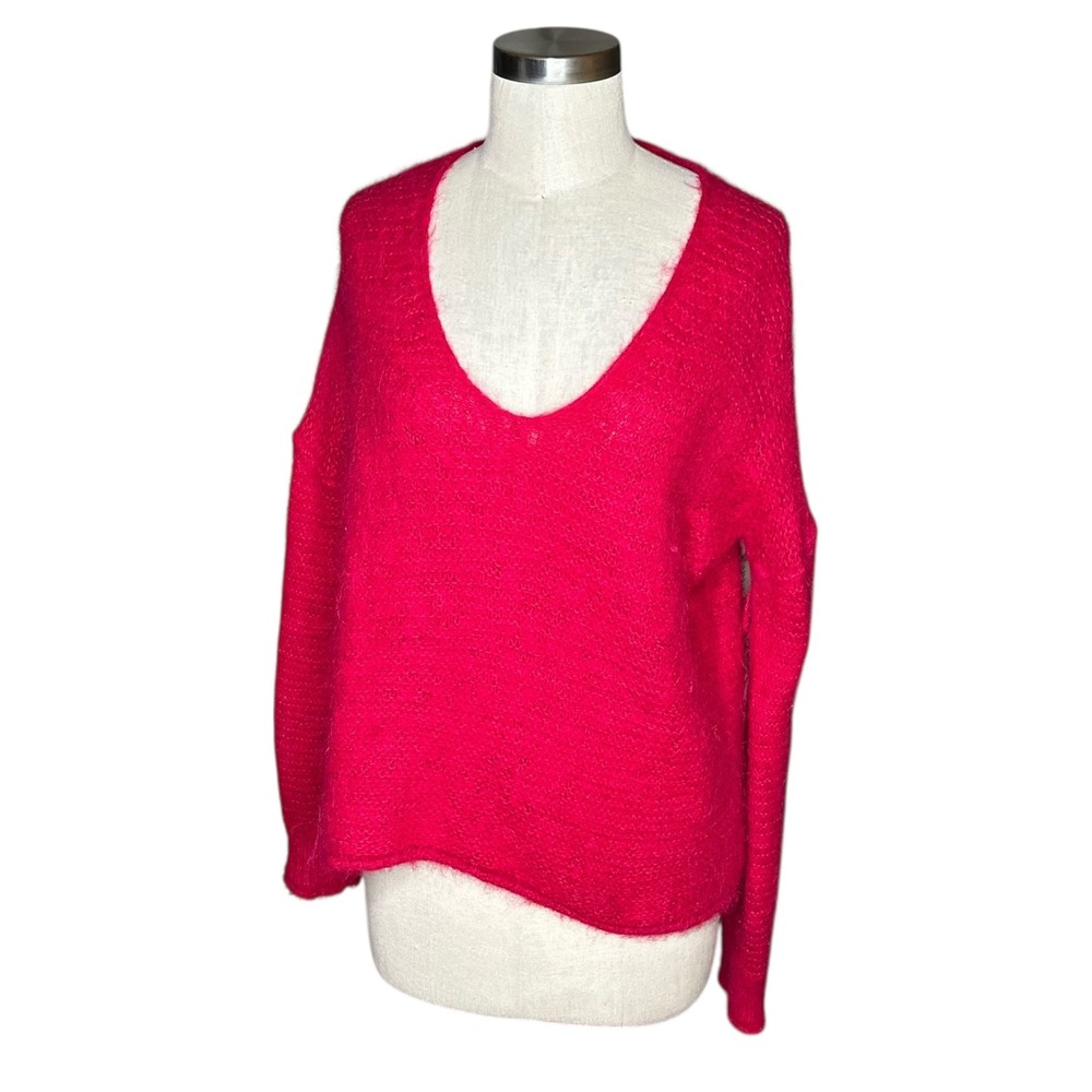 FREE PEOPLE Fuzzy V Neck Sweater‎ Bright Pink Alpaca Blend XS